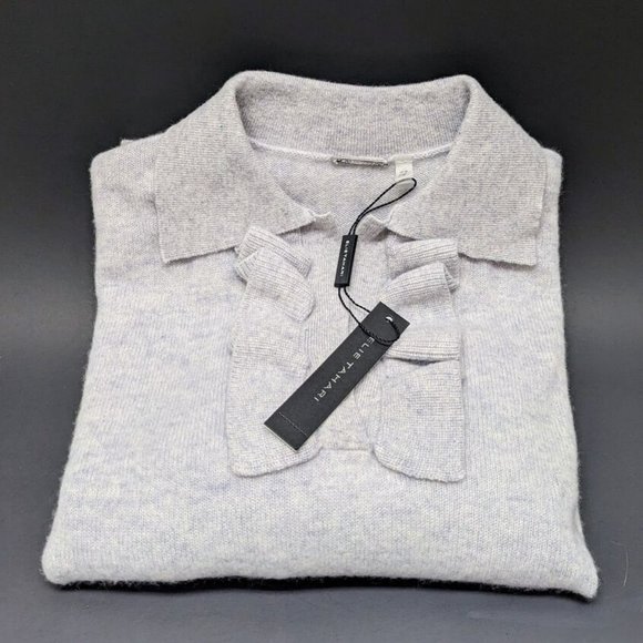 ELIE TAHARI Ruffle Split Neck Cashmere Sweater Amber Grey Size XL NWT $345 NEW - Picture 5 of 6